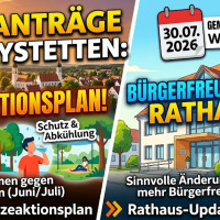 Zweigeteiltes Infografik-Thumbnail der SPD Aystetten mit rotem Logo: Links Illustrationen zur Abkühlung und Ortsansicht mit dem Text „Hitzeaktionsplan!“, rechts ein bürgerfreundliches Rathaus mit Kalenderblatt zum „30.07.2026“ und dem Text „Bürgerfreundli